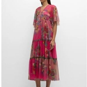 Biya x Johnny Was Mazzy Floral Print Embroidered Mesh Midi Dress Sz M